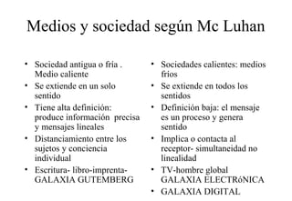 Medios y sociedad según Mc Luhan
• Sociedad antigua o fría .
Medio caliente
• Se extiende en un solo
sentido
• Tiene alta definición:
produce información precisa
y mensajes lineales
• Distanciamiento entre los
sujetos y conciencia
individual
• Escritura- libro-imprentaGALAXIA GUTEMBERG

• Sociedades calientes: medios
fríos
• Se extiende en todos los
sentidos
• Definición baja: el mensaje
es un proceso y genera
sentido
• Implica o contacta al
receptor- simultaneidad no
linealidad
• TV-hombre global
GALAXIA ELECTRóNICA
• GALAXIA DIGITAL

 