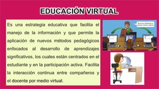 Es una estrategia educativa que facilita el
manejo de la información y que permite la
aplicación de nuevos métodos pedagógicos
enfocados al desarrollo de aprendizajes
significativos, los cuales están centrados en el
estudiante y en la participación activa. Facilita
la interacción continua entre compañeros y
el docente por medio virtual.
EDUCACIÓN VIRTUAL
 