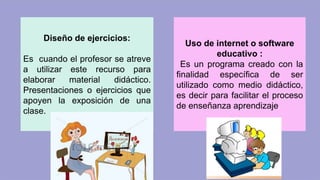 Diseño de ejercicios:
Es cuando el profesor se atreve
a utilizar este recurso para
elaborar material didáctico.
Presentaciones o ejercicios que
apoyen la exposición de una
clase.
Uso de internet o software
educativo :
Es un programa creado con la
finalidad específica de ser
utilizado como medio didáctico,
es decir para facilitar el proceso
de enseñanza aprendizaje.
 