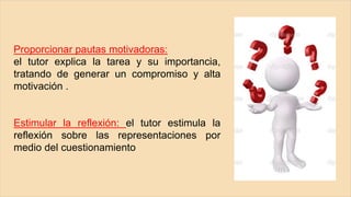 Proporcionar pautas motivadoras:
el tutor explica la tarea y su importancia,
tratando de generar un compromiso y alta
motivación .
Estimular la reflexión: el tutor estimula la
reflexión sobre las representaciones por
medio del cuestionamiento
 