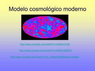 Modelo cosmológico moderno 
http://www.youtube.com/watch?v=x4s62voTc9k 
http://www.youtube.com/watch?v=HdM3oObDM7o 
http://www.youtube.com/watch?v=m_0UNes9jFg&feature=related 
 