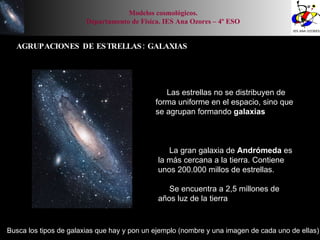 AGRUPACIONES DE ESTRELLAS: GALAXIAS Modelos cosmológicos. Departamento de Física. IES Ana Ozores – 4º ESO Las estrellas no se distribuyen de forma uniforme en el espacio, sino que se agrupan formando  galaxias La gran galaxia de  Andrómeda  es la más cercana a la tierra. Contiene unos 200.000 millos de estrellas. Se encuentra a 2,5 millones de años luz de la tierra Busca los tipos de galaxias que hay y pon un ejemplo (nombre y una imagen de cada uno de ellas) 