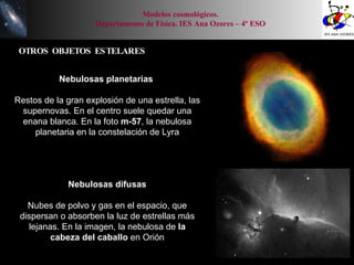 OTROS OBJETOS ESTELARES Modelos cosmológicos. Departamento de Física. IES Ana Ozores – 4º ESO Nebulosas planetarias   Restos de la gran explosión de una estrella, las supernovas. En el centro suele quedar una enana blanca. En la foto  m-57 , la nebulosa planetaria en la constelación de Lyra Nebulosas difusas Nubes de polvo y gas en el espacio, que dispersan o absorben la luz de estrellas más lejanas. En la imagen, la nebulosa de  la cabeza del caballo  en Orión 