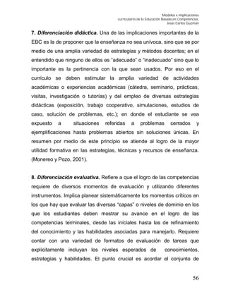 Modelos e implicaciones
curriculares de la Educación Basada en Competencias.
Jesús Carlos Guzmán
56
7. Diferenciación didáctica. Una de las implicaciones importantes de la
EBC es la de proponer que la enseñanza no sea unívoca, sino que se por
medio de una amplia variedad de estrategias y métodos docentes; en el
entendido que ninguno de ellos es “adecuado” o “inadecuado” sino que lo
importante es la pertinencia con la que sean usados. Por eso en el
currículo se deben estimular la amplia variedad de actividades
académicas o experiencias académicas (cátedra, seminario, prácticas,
visitas, investigación o tutorías) y del empleo de diversas estrategias
didácticas (exposición, trabajo cooperativo, simulaciones, estudios de
caso, solución de problemas, etc.); en donde el estudiante se vea
expuesto a situaciones referidas a problemas cerrados y
ejemplificaciones hasta problemas abiertos sin soluciones únicas. En
resumen por medio de este principio se atiende al logro de la mayor
utilidad formativa en las estrategias, técnicas y recursos de enseñanza.
(Monereo y Pozo, 2001).
8. Diferenciación evaluativa. Refiere a que el logro de las competencias
requiere de diversos momentos de evaluación y utilizando diferentes
instrumentos. Implica planear sistemáticamente los momentos críticos en
los que hay que evaluar las diversas “capas” o niveles de dominio en los
que los estudiantes deben mostrar su avance en el logro de las
competencias terminales, desde las iníciales hasta las de refinamiento
del conocimiento y las habilidades asociadas para manejarlo. Requiere
contar con una variedad de formatos de evaluación de tareas que
explícitamente incluyan los niveles esperados de conocimientos,
estrategias y habilidades. El punto crucial es acordar el conjunto de
 