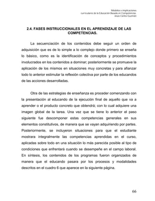 Modelos e implicaciones
curriculares de la Educación Basada en Competencias.
Jesús Carlos Guzmán
66
2.4. FASES INSTRUCCIONALES EN EL APRENDIZAJE DE LAS
COMPETENCIAS.
La secuenciación de los contenidos debe seguir un orden de
adquisición que es de lo simple a lo complejo donde primero se enseña
lo básico, como es la identificación de conceptos y procedimientos
involucrados en los contenidos a dominar; posteriormente se promueve la
aplicación de los mismos en situaciones muy concretas y para afianzar
todo lo anterior estimular la reflexión colectiva por parte de los educandos
de las acciones desarrolladas.
Otra de las estrategias de enseñanza es proceder comenzando con
la presentación al educando de la ejecución final de aquello que va a
aprender o el producto concreto que obtendrá; con lo cual adquiere una
imagen global de la tarea. Una vez que se tiene lo anterior el paso
siguiente fue descomponer estas competencias generales en sus
elementos constitutivos, de manera que se vayan adquiriendo por partes.
Posteriormente, se incluyeron situaciones para que el estudiante
mostrara integralmente las competencias aprendidas en el curso,
aplicadas sobre todo en una situación lo más parecida posible al tipo de
condiciones que enfrentará cuando se desempeñe en el campo laboral.
En síntesis, los contenidos de los programas fueron organizados de
manera que el educando pasara por los procesos y modalidades
descritos en el cuadro 6 que aparece en la siguiente página.
 