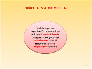 CRÍTICA AL SISTEMA MODULAR
Se debe repensar
organización de contenidos
de forma interdisciplinaria.
La organización global del
conocimiento tiene el
riesgo de caer en el
pragmatismo extremo
26
 