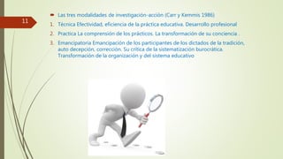  Las tres modalidades de investigación-acción (Carr y Kemmis 1986)
1. Técnica Efectividad, eficiencia de la práctica educativa. Desarrollo profesional
2. Practica La comprensión de los prácticos. La transformación de su conciencia .
3. Emancipatoria Emancipación de los participantes de los dictados de la tradición,
auto decepción, corrección. Su crítica de la sistematización burocrática.
Transformación de la organización y del sistema educativo
11
 