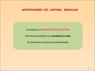 APORTACIONES DEL SISTEMA MODULAR
Constituye una INNOVACIÓN EDUCATIVA
Vincula al estudiante con problemas reales
Ha formado muy buenos profesionales
25
 