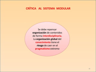 CRÍTICA AL SISTEMA MODULAR
Se debe repensar
organización de contenidos
de forma interdisciplinaria.
La organización global del
conocimiento tiene el
riesgo de caer en el
pragmatismo extremo
26
 