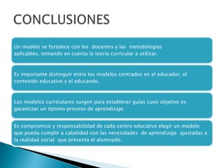 Un modelo se fortalece con los docentes y las metodologías
aplicables, tomando en cuenta la teoría curricular a utilizar.

Es importante distinguir entre los modelos centrados en el educador, el
contenido educativo y el educando.

Los modelos curriculares surgen para establecer guías cuyo objetivo es
garantizar un óptimo proceso de aprendizaje.
Es compromiso y responsabilidad de cada centro educativo elegir un modelo
que pueda cumplir a cabalidad con las necesidades de aprendizaje ajustadas a
la realidad social que presenta el alumnado.

 