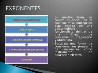 



Su modelo toma en
cuenta lo social, en el
curriculum su concepción
está basado en una
epistemología
funcionalista dentro de
una
línea
de
pensamiento pragmático
y utilitarista.
Bosqueja una forma de
considerar un programa
de
enseñanza
como
instrumento
de
educación efectivo.

 
