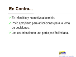 2002-2003, Derechos Reservados
En Contra...
 Es inflexible y no motiva al cambio.
 Poco apropiado para aplicaciones para la toma
de decisiones.
 Los usuarios tienen una participación limitada.
 