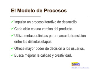 2002-2003, Derechos Reservados
El Modelo de Procesos
 Impulsa un proceso iterativo de desarrollo.
 Cada ciclo es una versión del producto.
 Utiliza metas definidas para marcar la transición
entre las distintas etapas.
 Ofrece mayor poder de decisión a los usuarios.
 Busca mejorar la calidad y creatividad.
 