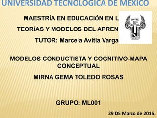 UNIVERSIDAD TECNOLÓGICA DE MÉXICO
MAESTRÍA EN EDUCACIÓN EN LÍNEA
TEORÍAS Y MODELOS DEL APRENDIZAJE
TUTOR: Marcela Avitia Vargas
MODELOS CONDUCTISTA Y COGNITIVO-MAPA
CONCEPTUAL
MIRNA GEMA TOLEDO ROSAS
GRUPO: ML001
29 DE Marzo de 2015.
 