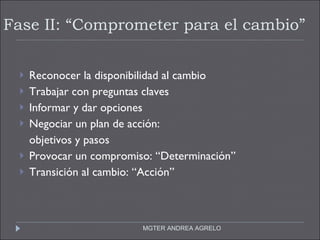 Fase II: “Comprometer para el cambio” Reconocer la disponibilidad al cambio Trabajar con preguntas claves Informar y dar opciones Negociar un plan de acción:  objetivos y pasos Provocar un compromiso: “Determinación” Transición al cambio: “Acción” MGTER ANDREA AGRELO 