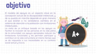 objetivo
El modelo de apoyos es un aspecto clave en la
concepción actual de la discapacidad intelectual, y
de su puesta en marcha depende en gran manera
el que existan o no verdaderos cambios en el
sistema de atención a la población con limitaciones
intelectuales.
La meta de un enfoque basado en los apoyos es
facilitar la inclusión de las personas en la vida plena
de la comunidad. Los apoyos apropiados reducen las
limitaciones funcionales y les permiten participar y
contribuir en la vida comunitaria al mismo tiempo que
se da respuesta a sus necesidades en su contexto
social actual y futuro.
A+
 