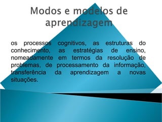 os processos cognitivos, as estruturas do
conhecimento, as estratégias de ensino,
nomeadamente em termos da resolução de
problemas, de processamento da informação,
transferência da aprendizagem a novas
situações.
 