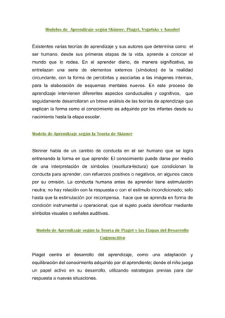 Modelos de Aprendizaje según Skinner, Piaget, Vygotsky y Ausubel
Existentes varias teorías de aprendizaje y sus autores que determina como el
ser humano, desde sus primeras etapas de la vida, aprende a conocer el
mundo que lo rodea. En el aprender diario, de manera significativa, se
entrelazan una serie de elementos externos (símbolos) de la realidad
circundante, con la forma de percibirlas y asociarlas a las imágenes internas,
para la elaboración de esquemas mentales nuevos. En este proceso de
aprendizaje intervienen diferentes aspectos conductuales y cognitivos, que
seguidamente desarrollaran un breve análisis de las teorías de aprendizaje que
explican la forma como el conocimiento es adquirido por los infantes desde su
nacimiento hasta la etapa escolar.
Modelo de Aprendizaje según la Teoría de Skinner
Skinner habla de un cambio de conducta en el ser humano que se logra
entrenando la forma en que aprende: El conocimiento puede darse por medio
de una interpretación de símbolos (escritura-lectura) que condicionan la
conducta para aprender, con refuerzos positivos o negativos, en algunos casos
por su omisión. La conducta humana antes de aprender tiene estimulación
neutra; no hay relación con la respuesta o con el estímulo incondicionado; solo
hasta que la estimulación por recompensa, hace que se aprenda en forma de
condición instrumental u operacional, que el sujeto pueda identificar mediante
símbolos visuales o señales auditivas.
Modelo de Aprendizaje según la Teoría de Piaget y las Etapas del Desarrollo
Cognoscitivo
Piaget centra el desarrollo del aprendizaje, como una adaptación y
equilibración del conocimiento adquirido por el aprendiente; donde el niño juega
un papel activo en su desarrollo, utilizando estrategias previas para dar
respuesta a nuevas situaciones.
 