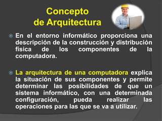 Concepto
          de Arquitectura
   En el entorno informático proporciona una
    descripción de la construcción y distribución
    física  de    los   componentes       de    la
    computadora.

   La arquitectura de una computadora explica
    la situación de sus componentes y permite
    determinar las posibilidades de que un
    sistema informático, con una determinada
    configuración,     pueda     realizar      las
    operaciones para las que se va a utilizar.
 