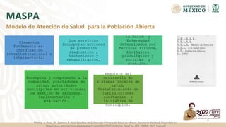 MASPA
Elementos
fundamentales:
coordinación
interinstitucional e
intersectorial
Los servicios
incorporan acciones
de promoción
diagnostico ,
tratamiento y
rehabilitación.
La Salud y
Enfermedad
determinados por
factores físicos,
biológicos
psicológicos y
sociales y
atención.
Incorpora y compromete a la
comunidad, prestadores de
salud, autoridades
municipales en actividades
de gestión de recursos,
implementación y
evaluación.
Requiere del
desarrollo de
sistemas locales de
salud,
fortalecimiento de
jurisdicciones
sanitarias e
iniciativa de
municipios.
5
Modelo de Atención de Salud para la Población Abierta
Molina, L. Ruiz, JA. Zamora, E. et al. Desafíos de la Atención Primaria de Salud en México. Secretaria de Salud. Disponible en:
https://www.gob.mx/cms/uploads/attachment/file/651873/Informe_Desaf_os_APS_ENERO_2021_final.pdf
 