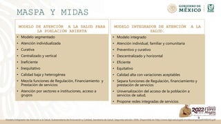 MASPA Y MIDAS
MODELO DE ATENCIÓN A LA SALUD PARA
LA POBLACIÓN ABIERTA
• Modelo segmentado
• Atención individualizada
• Curativa
• Centralizado y vertical
• Ineficiente
• Inequitativo
• Calidad baja y heterogénea
• Mezcla funciones de Regulación, Financiamiento y
Prestación de servicios
• Atención por sectores e instituciones, acceso a
grupos
MODELO INTEGRADOR DE ATENCIÓN A LA
SALUD.
• Modelo integrado
• Atención individual, familiar y comunitaria
• Preventivo y curativo
• Descentralizado y horizontal
• Eficiente
• Equitativo
• Calidad alta con variaciones aceptables
• Separa funciones de Regulación, financiamiento y
prestación de servicios
• Universalización del acceso de la población a
servicios de salud,
• Propone redes integradas de servicios
9
Modelo Integrador de Atención a la Salud, Subsecretaría de Innovación y Calidad, Secretaría de Salud. Segunda edición, 2006. Disponible en http://www.dgis.salud.gob.mx/descargas/pdf/MIDAS.pdf
 