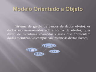 Sistema de gestão de bancos de dados objeto): os
dados são armazenados sob a forma de objetos, quer
dizer, de estruturas chamadas classes que apresentam
dados membros. Os campos são instâncias destas classes.
 
