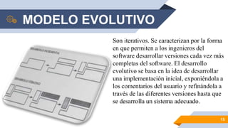 MODELO EVOLUTIVO
15
Son iterativos. Se caracterizan por la forma
en que permiten a los ingenieros del
software desarrollar versiones cada vez más
completas del software. El desarrollo
evolutivo se basa en la idea de desarrollar
una implementación inicial, exponiéndola a
los comentarios del usuario y refinándola a
través de las diferentes versiones hasta que
se desarrolla un sistema adecuado.
 