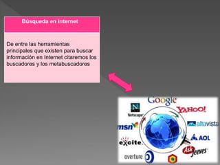 Búsqueda en Internet
De entre las herramientas
principales que existen para buscar
información en Internet citaremos los
buscadores y los metabuscadores
 