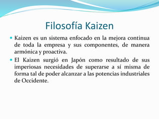 Filosofía Kaizen
 Kaizen es un sistema enfocado en la mejora continua
de toda la empresa y sus componentes, de manera
armónica y proactiva.
 El Kaizen surgió en Japón como resultado de sus
imperiosas necesidades de superarse a sí misma de
forma tal de poder alcanzar a las potencias industriales
de Occidente.
 