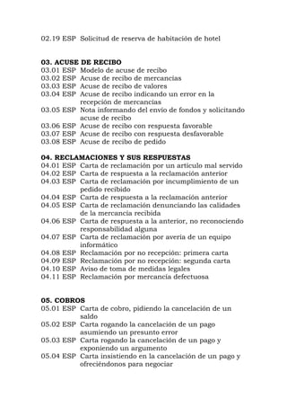 02.19 ESP Solicitud de reserva de habitación de hotel
03. ACUSE DE RECIBO
03.01 ESP Modelo de acuse de recibo
03.02 ESP Acuse de recibo de mercancías
03.03 ESP Acuse de recibo de valores
03.04 ESP Acuse de recibo indicando un error en la
recepción de mercancías
03.05 ESP Nota informando del envío de fondos y solicitando
acuse de recibo
03.06 ESP Acuse de recibo con respuesta favorable
03.07 ESP Acuse de recibo con respuesta desfavorable
03.08 ESP Acuse de recibo de pedido
04. RECLAMACIONES Y SUS RESPUESTAS
04.01 ESP Carta de reclamación por un artículo mal servido
04.02 ESP Carta de respuesta a la reclamación anterior
04.03 ESP Carta de reclamación por incumplimiento de un
pedido recibido
04.04 ESP Carta de respuesta a la reclamación anterior
04.05 ESP Carta de reclamación denunciando las calidades
de la mercancía recibida
04.06 ESP Carta de respuesta a la anterior, no reconociendo
responsabilidad alguna
04.07 ESP Carta de reclamación por avería de un equipo
informático
04.08 ESP Reclamación por no recepción: primera carta
04.09 ESP Reclamación por no recepción: segunda carta
04.10 ESP Aviso de toma de medidas legales
04.11 ESP Reclamación por mercancía defectuosa
05. COBROS
05.01 ESP Carta de cobro, pidiendo la cancelación de un
saldo
05.02 ESP Carta rogando la cancelación de un pago
asumiendo un presunto error
05.03 ESP Carta rogando la cancelación de un pago y
exponiendo un argumento
05.04 ESP Carta insistiendo en la cancelación de un pago y
ofreciéndonos para negociar
 