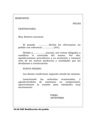 REMITENTE
FECHA
DESTINATARIO
Muy Señores nuestros:
El pasado ..............(fecha) les efectuamos un
pedido con referencia ................(ref.).
Debido a .................(causa), nos vemos obligados a
modificar el contenido del mismo. Por ello,
agradeceríamos procedieran a su anulación y tomasen
nota de los nuevos productos y cantidades que les
detallamos a continuación:
NUEVO PEDIDO
Las demás condiciones seguirán siendo las mismas.
Lamentando las molestias ocasionadas, y
agradeciéndoles de antemano su comprensión,
aprovechamos la ocasión para saludarles muy
atentamente.
FIRMA
ANTEFIRMA
02.06 ESP Modificación del pedido
Português Italiano Deutsch English Français
 