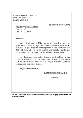 SUMINISTROS GRANDE
Román Collado, 33
28034 MADRID
25 de octubre de 2001
NEUMÁTICOS ALONSO
Serena, 15
28077 MADRID
Señores:
Nos dirigimos a Uds. para recordarles que se
apreciada cuenta arroja un saldo a nuestro favor de €
330,56 cuyo importe corresponde a las facturas nº
452/01 y 568/01, y en las cuales se indicaba, mediante
las condiciones de pago, su liquidación al contado.
No dudamos que esta demora será debida a un
error involuntario de su parte, por lo que le rogamos
que se sirvan hacer efectiva a la mayor brevedad posible
la cantidad arriba indicada.
Suyos atentamente,
SUMINISTROS GRANDE
(firma)
05.02 ESP Carta rogando la cancelación de un pago y asumiendo un
presunto error.
Português Italiano Deutsch English Français
 