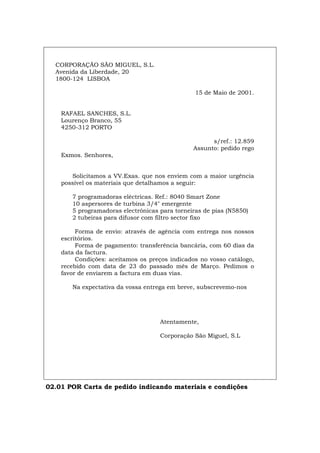 CORPORAÇÃO SÃO MIGUEL, S.L.
Avenida da Liberdade, 20
1800-124 LISBOA
15 de Maio de 2001.
RAFAEL SANCHES, S.L.
Lourenço Branco, 55
4250-312 PORTO
s/ref.: 12.859
Assunto: pedido rego
Exmos. Senhores,
Solicitamos a VV.Exas. que nos enviem com a maior urgência
possível os materiais que detalhamos a seguir:
7 programadoras eléctricas. Ref.: 8040 Smart Zone
10 aspersores de turbina 3/4" emergente
5 programadoras electrónicas para torneiras de pias (N5850)
2 tubeiras para difusor com filtro sector fixo
Forma de envio: através de agência com entrega nos nossos
escritórios.
Forma de pagamento: transferência bancária, com 60 dias da
data da factura.
Condições: aceitamos os preços indicados no vosso catálogo,
recebido com data de 23 do passado mês de Março. Pedimos o
favor de enviarem a factura em duas vias.
Na expectativa da vossa entrega em breve, subscrevemo-nos
Atentamente,
Corporação São Miguel, S.L
02.01 POR Carta de pedido indicando materiais e condições
Español Italiano Deutsch English Français
 