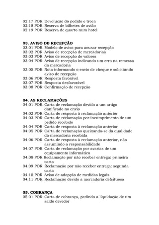 02.17 POR Devolução do pedido e troca
02.18 POR Reserva de bilhetes de avião
02.19 POR Reserva de quarto num hotel
03. AVISO DE RECEPÇÃO
03.01 POR Modelo de aviso para acusar recepção
03.02 POR Aviso de recepção de mercadorias
03.03 POR Aviso de recepção de valores
03.04 POR Aviso de recepção indicando um erro na remessa
da mercadoria
03.05 POR Nota informando o envio de cheque e solicitando
aviso de recepção
03.06 POR Resposta favorável
03.07 POR Resposta desfavorável
03.08 POR Confirmação de recepção
04. AS RECLAMAÇÕES
04.01 POR Carta de reclamação devido a um artigo
danificado no envio
04.02 POR Carta de resposta à reclamação anterior
04.03 POR Carta de reclamação por incumprimento de um
pedido recebido
04.04 POR Carta de resposta à reclamação anterior
04.05 POR Carta de reclamação queixando-se da qualidade
da mercadoria recebida
04.06 POR Carta de resposta à reclamação anterior, não
assumindo a responsabilidade
04.07 POR Carta de reclamação por avarias de um
equipamento informático
04.08 POR Reclamação por não receber entrega: primeira
carta
04.09 POR Reclamação por não receber entrega: segunda
carta
04.10 POR Aviso de adopção de medidas legais
04.11 POR Reclamação devido a mercadoria defeituosa
05. COBRANÇA
05.01 POR Carta de cobrança, pedindo a liquidação de um
saldo devedor
 