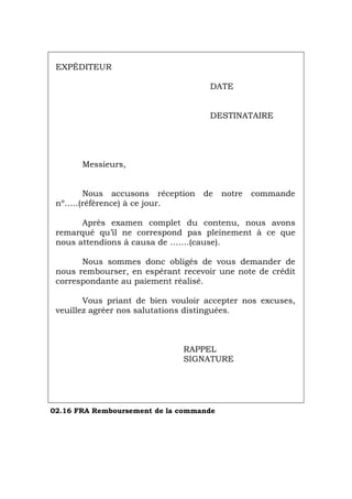 EXPÉDITEUR
DATE
DESTINATAIRE
Messieurs,
Nous accusons réception de notre commande
nº…..(référence) à ce jour.
Après examen complet du contenu, nous avons
remarqué qu’il ne correspond pas pleinement à ce que
nous attendions á causa de …….(cause).
Nous sommes donc obligés de vous demander de
nous rembourser, en espérant recevoir une note de crédit
correspondante au paiement réalisé.
Vous priant de bien vouloir accepter nos excuses,
veuillez agréer nos salutations distinguées.
RAPPEL
SIGNATURE
02.16 FRA Remboursement de la commande
Português Italiano Deutsch English Español
 