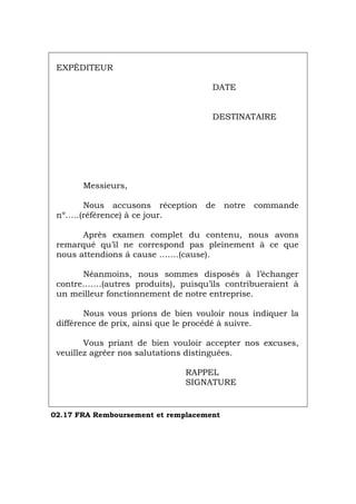 EXPÉDITEUR
DATE
DESTINATAIRE
Messieurs,
Nous accusons réception de notre commande
nº…..(référence) à ce jour.
Après examen complet du contenu, nous avons
remarqué qu’il ne correspond pas pleinement à ce que
nous attendions á cause …….(cause).
Néanmoins, nous sommes disposés à l’échanger
contre…….(autres produits), puisqu’ils contribueraient à
un meilleur fonctionnement de notre entreprise.
Nous vous prions de bien vouloir nous indiquer la
différence de prix, ainsi que le procédé à suivre.
Vous priant de bien vouloir accepter nos excuses,
veuillez agréer nos salutations distinguées.
RAPPEL
SIGNATURE
02.17 FRA Remboursement et remplacement
Português Italiano Deutsch English Español
 