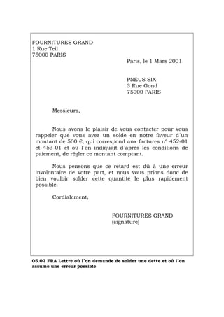 FOURNITURES GRAND
1 Rue Teil
75000 PARIS
Paris, le 1 Mars 2001
PNEUS SIX
3 Rue Gond
75000 PARIS
Messieurs,
Nous avons le plaisir de vous contacter pour vous
rappeler que vous avez un solde en notre faveur d´un
montant de 500 €, qui correspond aux factures nº 452-01
et 453-01 et où l´on indiquait d´après les conditions de
paiement, de régler ce montant comptant.
Nous pensons que ce retard est dû à une erreur
involontaire de votre part, et nous vous prions donc de
bien vouloir solder cette quantité le plus rapidement
possible.
Cordialement,
FOURNITURES GRAND
(signature)
05.02 FRA Lettre où l´on demande de solder une dette et où l´on
assume une erreur possible
Português Italiano Deutsch English Español
 