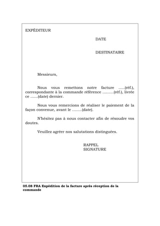 EXPÉDITEUR
DATE
DESTINATAIRE
Messieurs,
Nous vous remettons notre facture …..(réf.),
correspondante à la commande référence ………(réf.), livrée
ce ……(date) dernier.
Nous vous remercions de réaliser le paiement de la
façon convenue, avant le ……..(date).
N’hésitez pas à nous contacter afin de résoudre vos
doutes.
Veuillez agréer nos salutations distinguées.
RAPPEL
SIGNATURE
05.08 FRA Expédition de la facture après réception de la
commande
Português Italiano Deutsch English Español
 