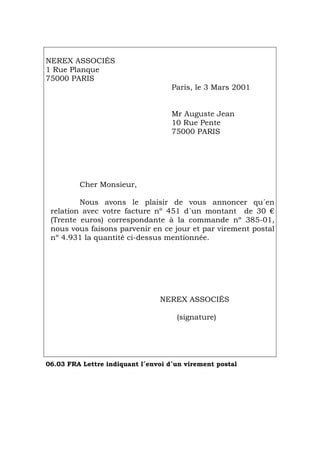 NEREX ASSOCIÉS
1 Rue Planque
75000 PARIS
Paris, le 3 Mars 2001
Mr Auguste Jean
10 Rue Pente
75000 PARIS
Cher Monsieur,
Nous avons le plaisir de vous annoncer qu´en
relation avec votre facture nº 451 d´un montant de 30 €
(Trente euros) correspondante à la commande nº 385-01,
nous vous faisons parvenir en ce jour et par virement postal
nº 4.931 la quantité ci-dessus mentionnée.
NEREX ASSOCIÉS
(signature)
06.03 FRA Lettre indiquant l´envoi d´un virement postal
Português Italiano Deutsch English Español
 