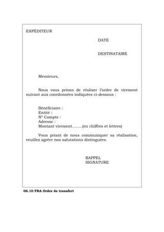 EXPÉDITEUR
DATE
DESTINATAIRE
Messieurs,
Nous vous prions de réaliser l’ordre de virement
suivant aux coordonnées indiquées ci-dessous :
Bénéficiaire :
Entité :
Nº Compte :
Adresse :
Montant virement……..(en chiffres et lettres)
Vous priant de nous communiquer sa réalisation,
veuillez agréer nos salutations distinguées.
RAPPEL
SIGNATURE
06.10 FRA Ordre de transfert
Português Italiano Deutsch English Español
 