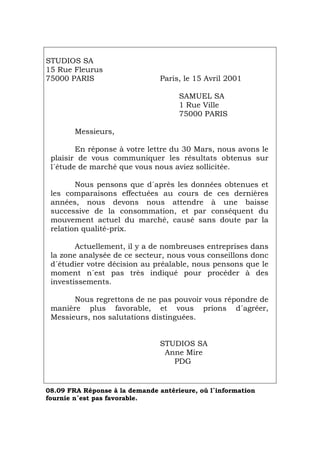 STUDIOS SA
15 Rue Fleurus
75000 PARIS Paris, le 15 Avril 2001
SAMUEL SA
1 Rue Ville
75000 PARIS
Messieurs,
En réponse à votre lettre du 30 Mars, nous avons le
plaisir de vous communiquer les résultats obtenus sur
l´étude de marché que vous nous aviez sollicitée.
Nous pensons que d´après les données obtenues et
les comparaisons effectuées au cours de ces dernières
années, nous devons nous attendre à une baisse
successive de la consommation, et par conséquent du
mouvement actuel du marché, causé sans doute par la
relation qualité-prix.
Actuellement, il y a de nombreuses entreprises dans
la zone analysée de ce secteur, nous vous conseillons donc
d´étudier votre décision au préalable, nous pensons que le
moment n´est pas très indiqué pour procéder à des
investissements.
Nous regrettons de ne pas pouvoir vous répondre de
manière plus favorable, et vous prions d´agréer,
Messieurs, nos salutations distinguées.
STUDIOS SA
Anne Mire
PDG
08.09 FRA Réponse à la demande antérieure, où l´information
fournie n´est pas favorable.
Português Italiano Deutsch English Español
 