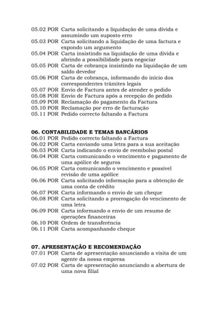 05.02 POR Carta solicitando a liquidação de uma dívida e
assumindo um suposto erro
05.03 POR Carta solicitando a liquidação de uma factura e
expondo um argumento
05.04 POR Carta insistindo na liquidação de uma dívida e
abrindo a possibilidade para negociar
05.05 POR Carta de cobrança insistindo na liquidação de um
saldo devedor
05.06 POR Carta de cobrança, informando do início dos
correspondentes trâmites legais
05.07 POR Envio de Factura antes de atender o pedido
05.08 POR Envio de Factura após a recepção do pedido
05.09 POR Reclamação do pagamento da Factura
05.10 POR Reclamação por erro de facturação
05.11 POR Pedido correcto faltando a Factura
06. CONTABILIDADE E TEMAS BANCÁRIOS
06.01 POR Pedido correcto faltando a Factura
06.02 POR Carta enviando uma letra para a sua aceitação
06.03 POR Carta indicando o envio de reembolso postal
06.04 POR Carta comunicando o vencimento e pagamento de
uma apólice de seguros
06.05 POR Carta comunicando o vencimento e possível
revisão de uma apólice
06.06 POR Carta solicitando informação para a obtenção de
uma conta de crédito
06.07 POR Carta informando o envio de um cheque
06.08 POR Carta solicitando a prorrogação do vencimento de
uma letra
06.09 POR Carta informando o envio de um resumo de
operações financeiras
06.10 POR Ordem de transferência
06.11 POR Carta acompanhando cheque
07. APRESENTAÇÃO E RECOMENDAÇÃO
07.01 POR Carta de apresentação anunciando a visita de um
agente da nossa empresa
07.02 POR Carta de apresentação anunciando a abertura de
uma nova filial
 