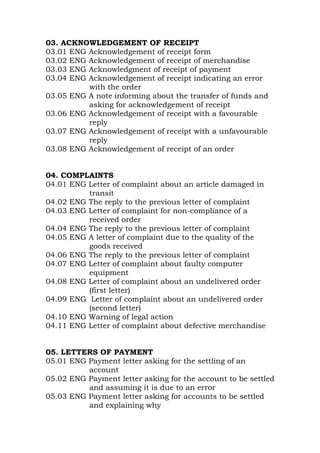 03. ACKNOWLEDGEMENT OF RECEIPT
03.01 ENG Acknowledgement of receipt form
03.02 ENG Acknowledgement of receipt of merchandise
03.03 ENG Acknowledgment of receipt of payment
03.04 ENG Acknowledgement of receipt indicating an error
with the order
03.05 ENG A note informing about the transfer of funds and
asking for acknowledgement of receipt
03.06 ENG Acknowledgement of receipt with a favourable
reply
03.07 ENG Acknowledgement of receipt with a unfavourable
reply
03.08 ENG Acknowledgement of receipt of an order
04. COMPLAINTS
04.01 ENG Letter of complaint about an article damaged in
transit
04.02 ENG The reply to the previous letter of complaint
04.03 ENG Letter of complaint for non-compliance of a
received order
04.04 ENG The reply to the previous letter of complaint
04.05 ENG A letter of complaint due to the quality of the
goods received
04.06 ENG The reply to the previous letter of complaint
04.07 ENG Letter of complaint about faulty computer
equipment
04.08 ENG Letter of complaint about an undelivered order
(first letter)
04.09 ENG Letter of complaint about an undelivered order
(second letter)
04.10 ENG Warning of legal action
04.11 ENG Letter of complaint about defective merchandise
05. LETTERS OF PAYMENT
05.01 ENG Payment letter asking for the settling of an
account
05.02 ENG Payment letter asking for the account to be settled
and assuming it is due to an error
05.03 ENG Payment letter asking for accounts to be settled
and explaining why
 
