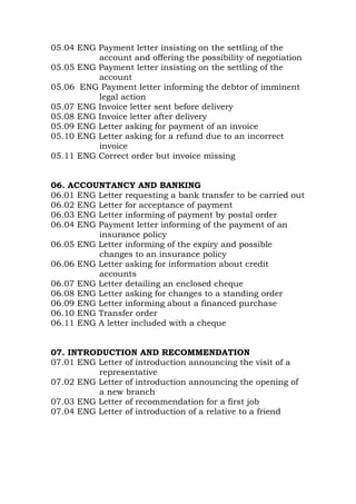 05.04 ENG Payment letter insisting on the settling of the
account and offering the possibility of negotiation
05.05 ENG Payment letter insisting on the settling of the
account
05.06 ENG Payment letter informing the debtor of imminent
legal action
05.07 ENG Invoice letter sent before delivery
05.08 ENG Invoice letter after delivery
05.09 ENG Letter asking for payment of an invoice
05.10 ENG Letter asking for a refund due to an incorrect
invoice
05.11 ENG Correct order but invoice missing
06. ACCOUNTANCY AND BANKING
06.01 ENG Letter requesting a bank transfer to be carried out
06.02 ENG Letter for acceptance of payment
06.03 ENG Letter informing of payment by postal order
06.04 ENG Payment letter informing of the payment of an
insurance policy
06.05 ENG Letter informing of the expiry and possible
changes to an insurance policy
06.06 ENG Letter asking for information about credit
accounts
06.07 ENG Letter detailing an enclosed cheque
06.08 ENG Letter asking for changes to a standing order
06.09 ENG Letter informing about a financed purchase
06.10 ENG Transfer order
06.11 ENG A letter included with a cheque
07. INTRODUCTION AND RECOMMENDATION
07.01 ENG Letter of introduction announcing the visit of a
representative
07.02 ENG Letter of introduction announcing the opening of
a new branch
07.03 ENG Letter of recommendation for a first job
07.04 ENG Letter of introduction of a relative to a friend
 