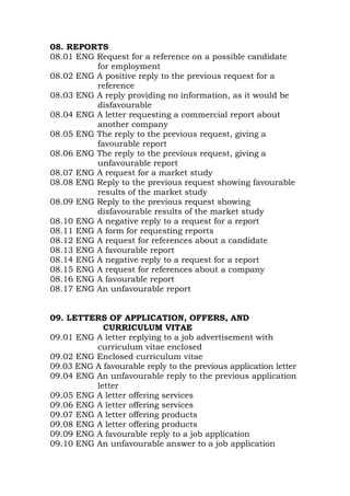 08. REPORTS
08.01 ENG Request for a reference on a possible candidate
for employment
08.02 ENG A positive reply to the previous request for a
reference
08.03 ENG A reply providing no information, as it would be
disfavourable
08.04 ENG A letter requesting a commercial report about
another company
08.05 ENG The reply to the previous request, giving a
favourable report
08.06 ENG The reply to the previous request, giving a
unfavourable report
08.07 ENG A request for a market study
08.08 ENG Reply to the previous request showing favourable
results of the market study
08.09 ENG Reply to the previous request showing
disfavourable results of the market study
08.10 ENG A negative reply to a request for a report
08.11 ENG A form for requesting reports
08.12 ENG A request for references about a candidate
08.13 ENG A favourable report
08.14 ENG A negative reply to a request for a report
08.15 ENG A request for references about a company
08.16 ENG A favourable report
08.17 ENG An unfavourable report
09. LETTERS OF APPLICATION, OFFERS, AND
CURRICULUM VITAE
09.01 ENG A letter replying to a job advertisement with
curriculum vitae enclosed
09.02 ENG Enclosed curriculum vitae
09.03 ENG A favourable reply to the previous application letter
09.04 ENG An unfavourable reply to the previous application
letter
09.05 ENG A letter offering services
09.06 ENG A letter offering services
09.07 ENG A letter offering products
09.08 ENG A letter offering products
09.09 ENG A favourable reply to a job application
09.10 ENG An unfavourable answer to a job application
 