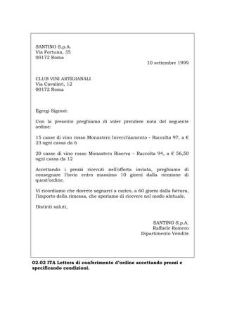 SANTINO S.p.A.
Via Fortuna, 35
00172 Roma
10 settembre 1999
CLUB VINI ARTIGIANALI
Via Cavalieri, 12
00172 Roma
Egregi Signori:
Con la presente preghiamo di voler prendere nota del seguente
ordine:
15 casse di vino rosso Monastero Invecchiamento - Raccolta 97, a €
23 ogni cassa da 6
20 casse di vino rosso Monastero Riserva – Raccolta 94, a € 56,50
ogni cassa da 12
Accettando i prezzi ricevuti nell’offerta inviata, preghiamo di
consegnare l’invio entro massimo 10 giorni dalla ricezione di
quest’ordine.
Vi ricordiamo che dovrete segnarci a carico, a 60 giorni dalla fattura,
l’importo della rimessa, che speriamo di ricevere nel modo abituale.
Distinti saluti,
SANTINO S.p.A.
Raffaele Romero
Dipartimento Vendite
02.02 ITA Lettera di conferimento d’ordine accettando prezzi e
specificando condizioni.
Português English Deutsch Français Español
 