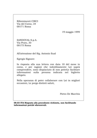 Rifornimenti CIRCI
Via del Corso, 34
00171 Roma
19 maggio 1999
SANDOVAL S.p.A.
Via Prato, 30
00175 Roma
All’attenzione del Sig. Antonio Sual
Egregio Signore:
In risposta alla sua lettera con data 10 del mese in
corso, e per ragioni che indubbiamente Lei saprà
comprendere, sono dispiaciuto di non poterLe facilitare
informazioni sulla persona indicata nel biglietto
allegato.
Nella speranza di poter collaborare con Lei in migliori
occasioni, Le porgo distinti saluti,
Pietro De Marchis
08.03 ITA Risposta alla precedente richiesta, non facilitando
informazioni poiché sfavorevoli.
Português English Deutsch Français Español
 