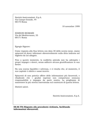 Società Assicurazioni, S.p.A.
Via Campo Grande, 44
00175 Roma
10 novembre 1999
EDIZIONI RIOMARE
Via del Mediterraneo, 55
00171 Roma
Egregio Signore:
Come risposta alla Sua lettera con data 30 dello scorso mese, siamo
spiacenti di dover informare sfavorevolmente sulla ditta indicata nel
biglietto da Lei allegato.
Fino a questo momento, la suddetta azienda non ha adempito i
propri impegni e doveri, senza addurre alcuna giustificazione in suo
favore.
Ha una scarsa liquidità e solvenza, e ci risulta che, al momento, il
suo capitale è ridotto e assai incerto.
Spiacenti di non poterLe offrire delle informazioni più favorevoli, e
ribadendo che i giudizi espressi non comportano nessuna
responsabilità o impegno da parte nostra, La preghiamo di
mantenere la più stretta riservatezza sul contenuto di questa lettera.
Distinti saluti.
Società Assicurazioni, S.p.A.
08.06 ITA Risposta alla precedente richiesta, facilitando
informazioni sfavorevoli.
Português English Deutsch Français Español
 