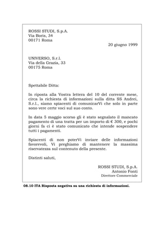 ROSSI STUDI, S.p.A.
Via Boris, 34
00171 Roma
20 giugno 1999
UNIVERSO, S.r.l.
Via della Grazia, 33
00175 Roma
Spettabile Ditta:
In riposta alla Vostra lettera del 10 del corrente mese,
circa la richiesta di informazioni sulla ditta SS Andrei,
S.r.l., siamo spiacenti di comunicarVi che solo in parte
sono vere certe voci sul suo conto.
In data 5 maggio scorso gli è stato segnalato il mancato
pagamento di una tratta per un importo di € 300, e pochi
giorni fa ci è stato comunicato che intende sospendere
tutti i pagamenti.
Spiacenti di non poterVi inviare delle informazioni
favorevoli, Vi preghiamo di mantenere la massima
riservatezza sul contenuto della presente.
Distinti saluti,
ROSSI STUDI, S.p.A.
Antonio Fonti
Direttore Commerciale
08.10 ITA Risposta negativa su una richiesta di informazioni.
Português English Deutsch Français Español
 