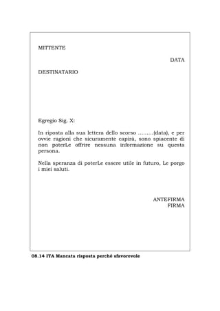 MITTENTE
DATA
DESTINATARIO
Egregio Sig. X:
In riposta alla sua lettera dello scorso ………(data), e per
ovvie ragioni che sicuramente capirà, sono spiacente di
non poterLe offrire nessuna informazione su questa
persona.
Nella speranza di poterLe essere utile in futuro, Le porgo
i miei saluti.
ANTEFIRMA
FIRMA
08.14 ITA Mancata risposta perché sfavorevole
Português English Deutsch Français Español
 